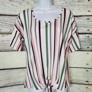 Daytrip Women’s Top S White Pink Green Striped Short Sleeve Tie Front Tee